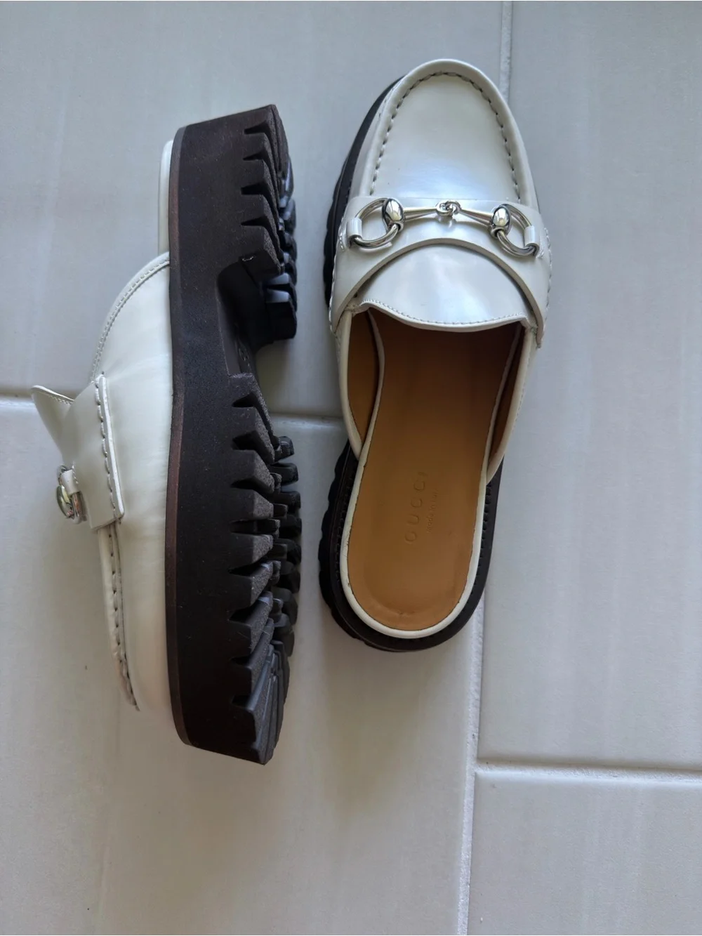 Gucci Cream Leather Horsebit Backless Loafers
